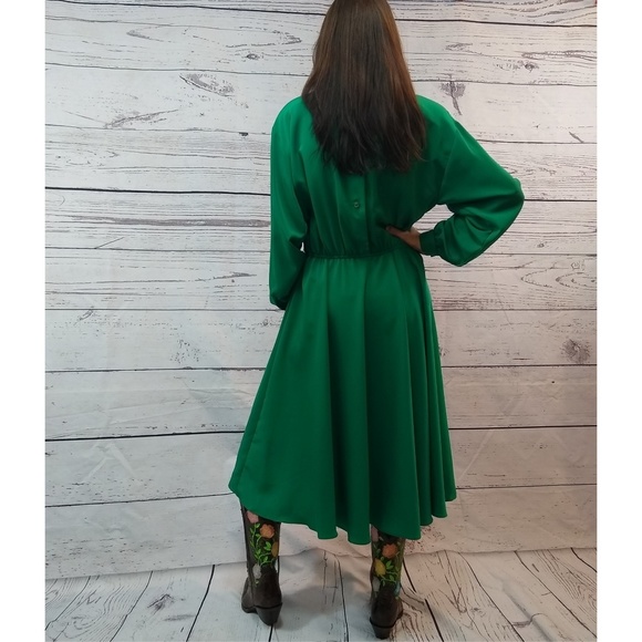 80s emerald green 80s dress with satin applique - Picture 4 of 5